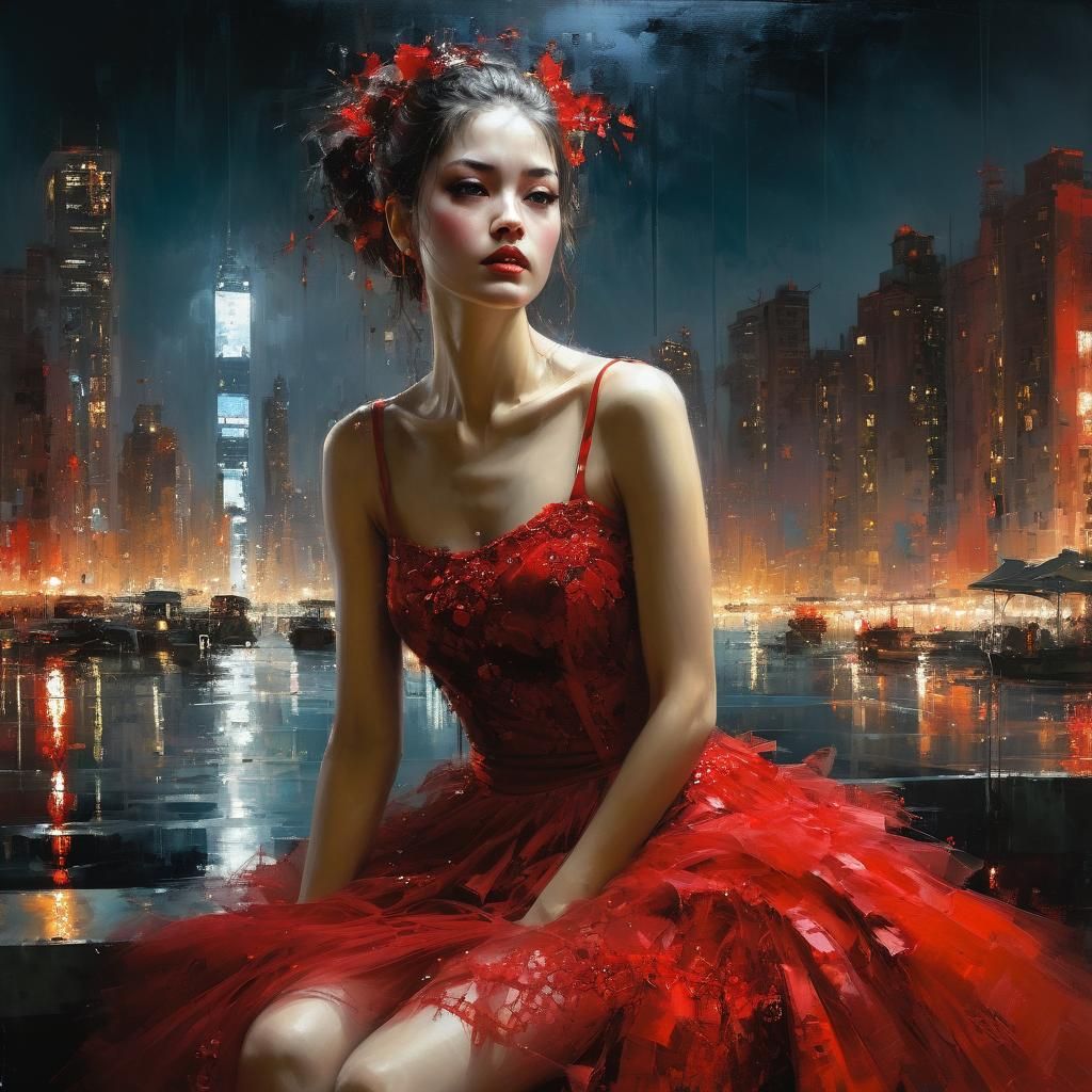 Emotional Portrait in Red Tulle, Fine Art Style