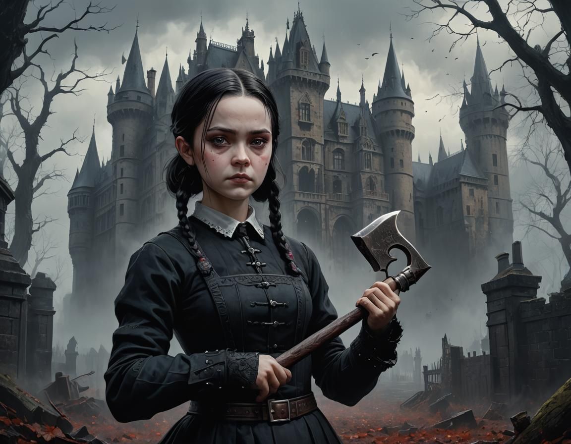 Wednesday Addams with Axe in Gothic Castle, Digital Art