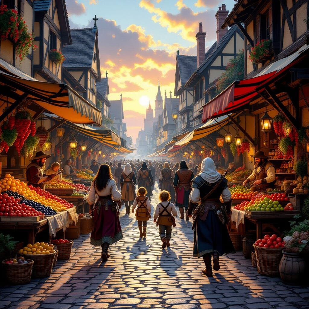 Lively Medieval Market Street Scene in Golden Hour Light