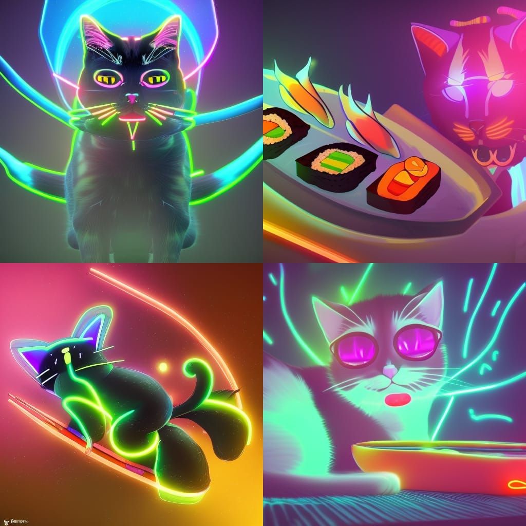 Cosmic Neon Cat Enjoys Sushi Art