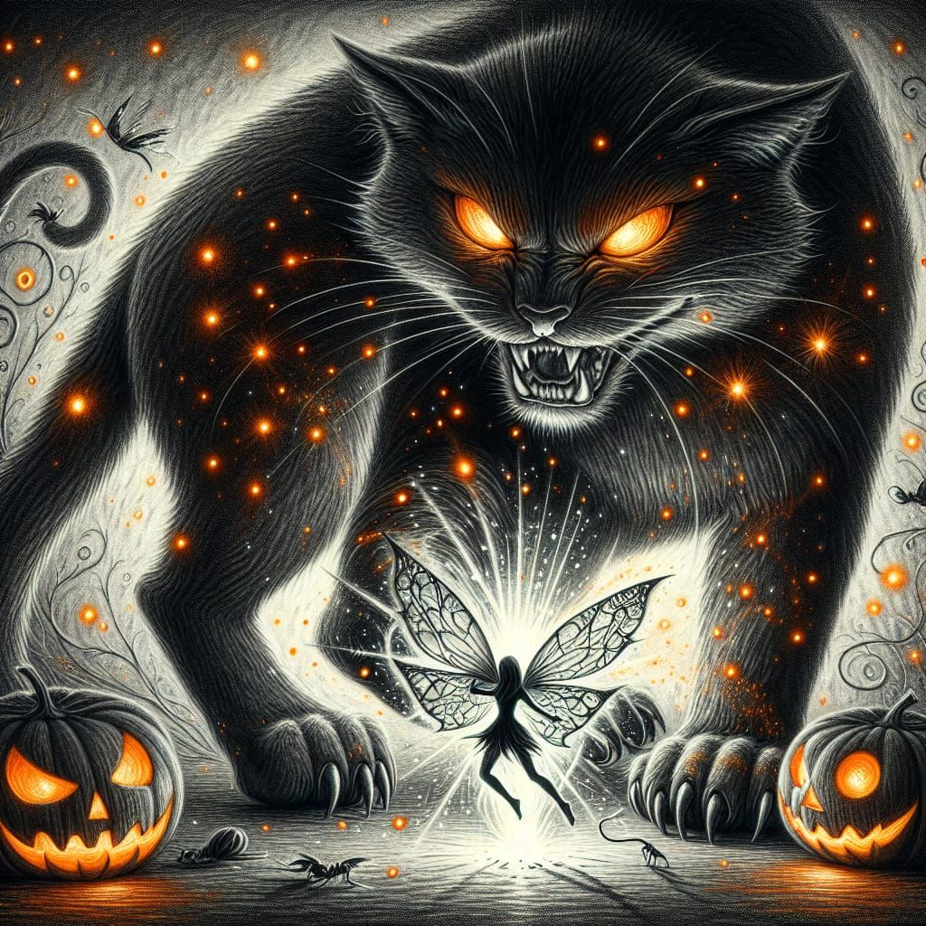 The Witch's cat caught a fairy trying to sneak.