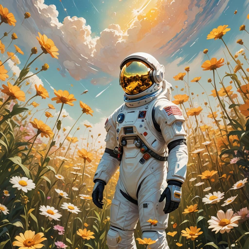 An astronaut standing in a flower field, posing wit a giant ...