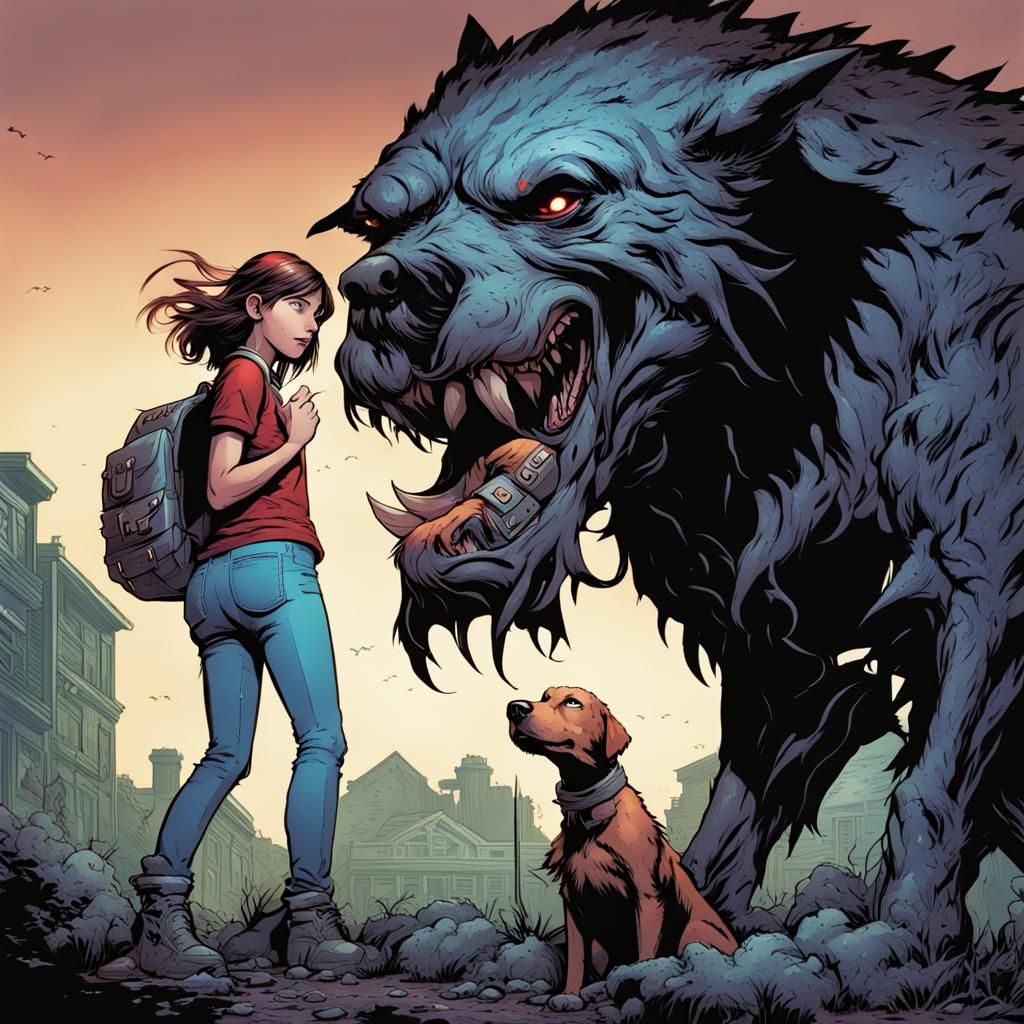 Girl and Monster Hound in Comic Book Style