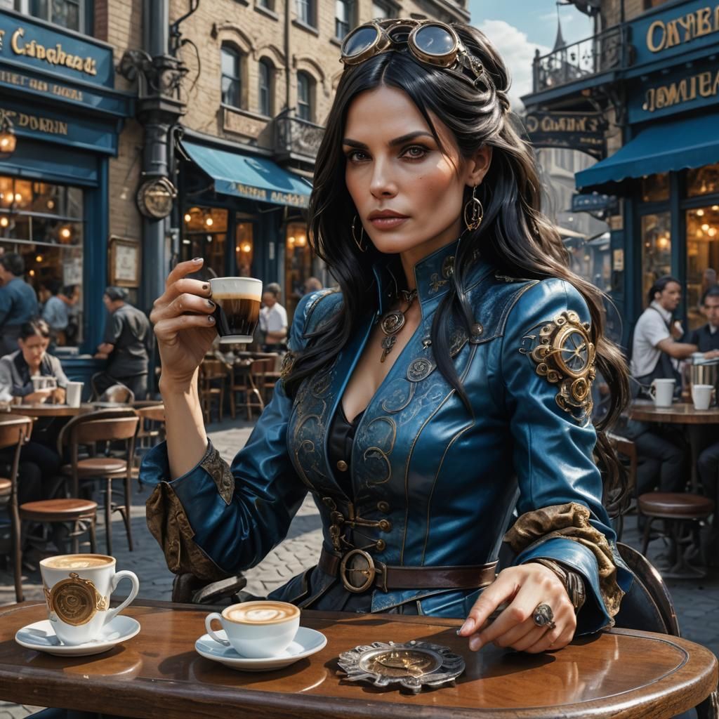 Famke Janssen as Steampunk Siren in Vivid Blue Attire