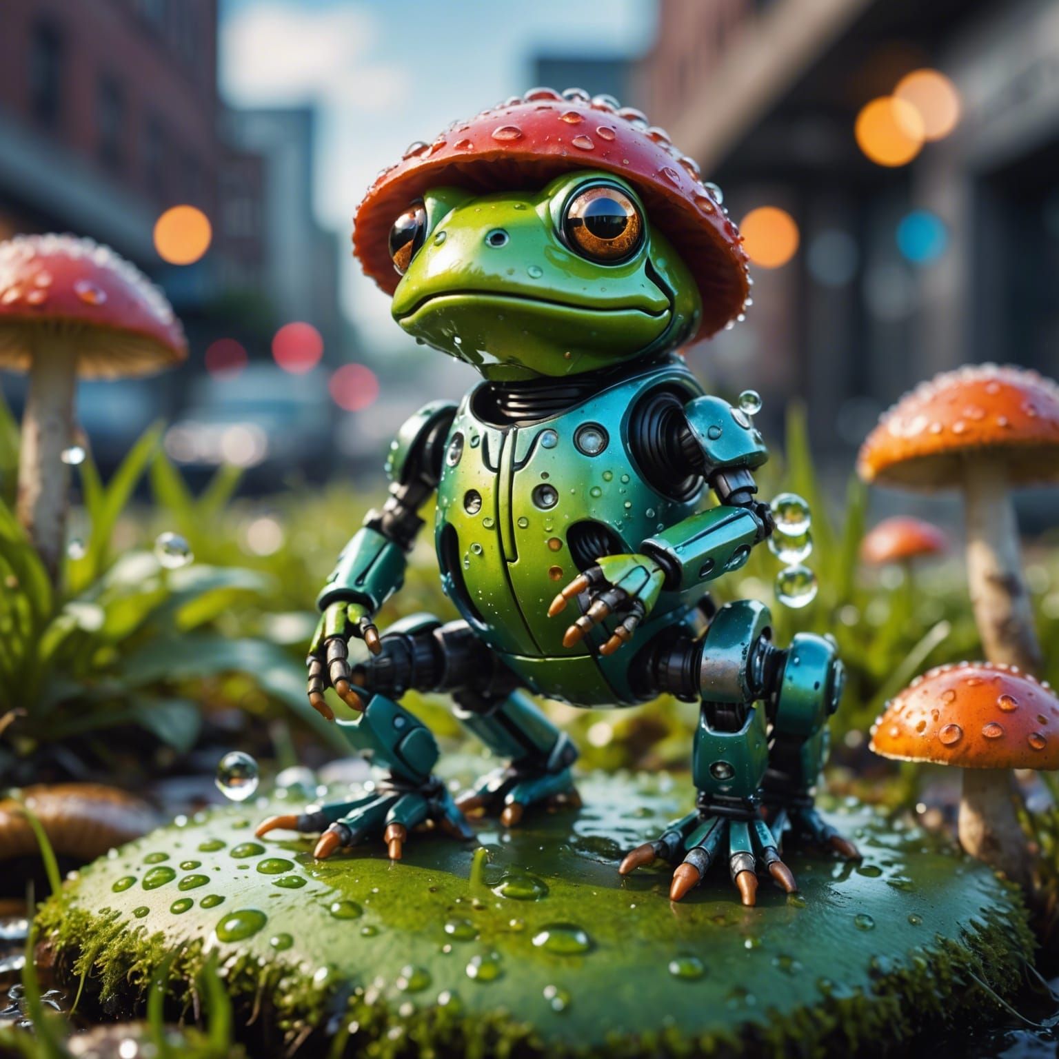 Tiny Frog Robot on Mushroom in Graffiti Art