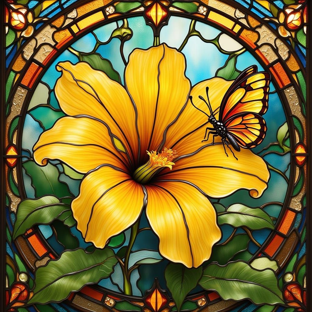 Stained Glass Flower and Butterfly in Lush Style