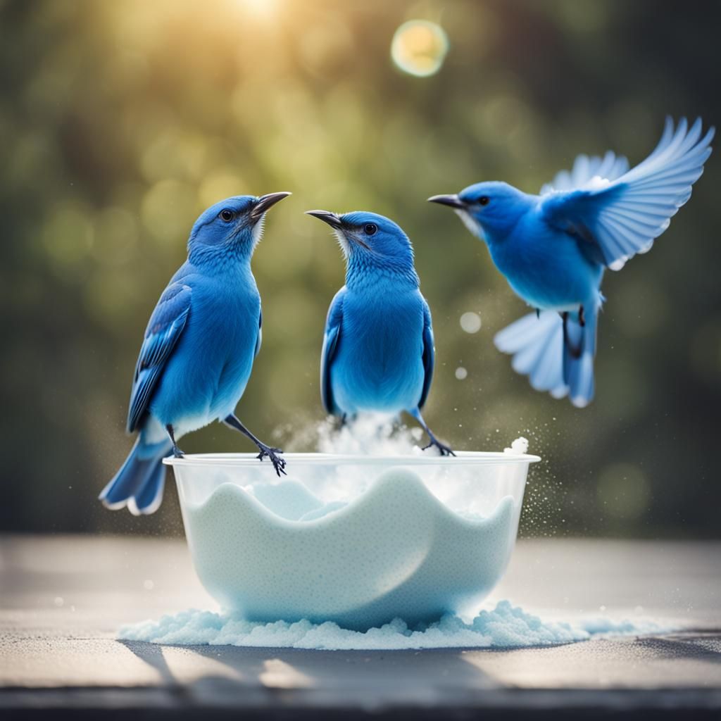 Blue Birds Bathing in Washing Powder: Photography