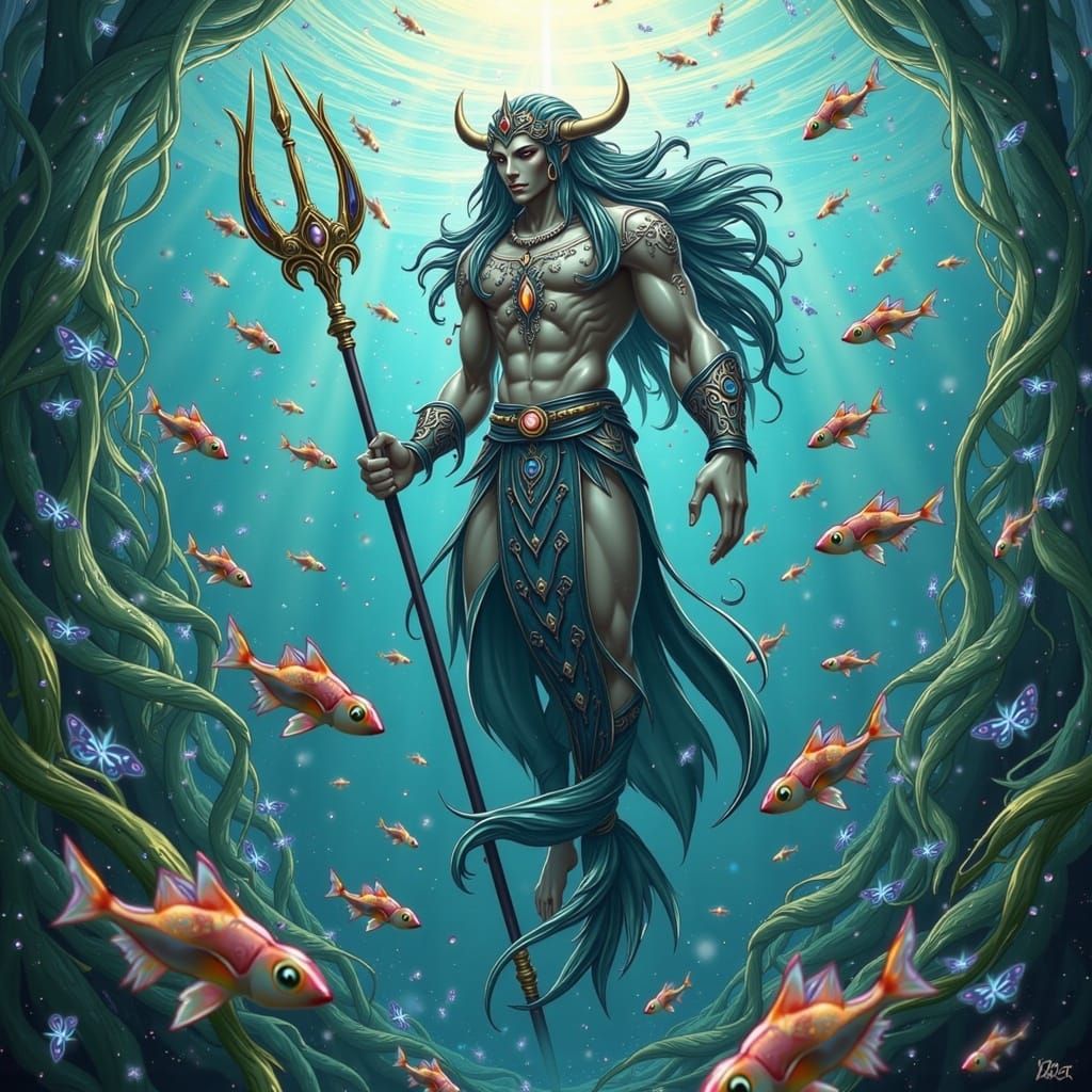 Majestic Triton Rises from the Ocean Depths in Vibrant, Drea...