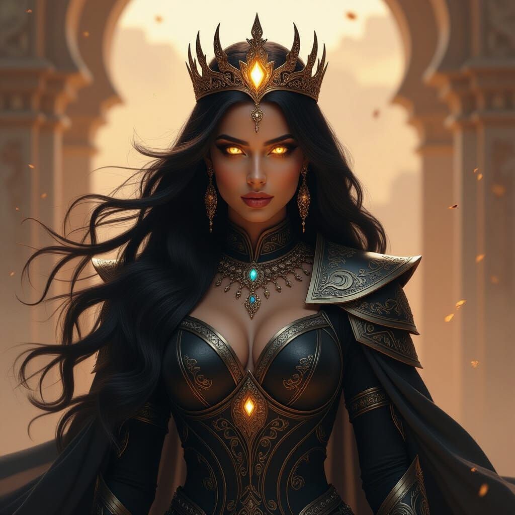 Arabian Fantasy Queen with Golden Eyes in Dark Armor