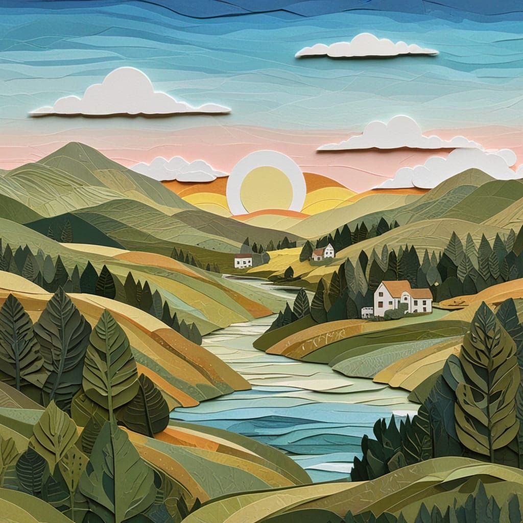 Idyllic Countryside Scene in 3D Paper Collage