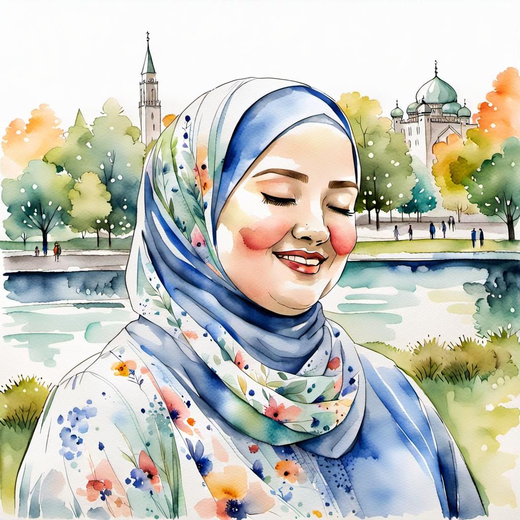 Elegant Hijabi Woman in Soft Watercolor