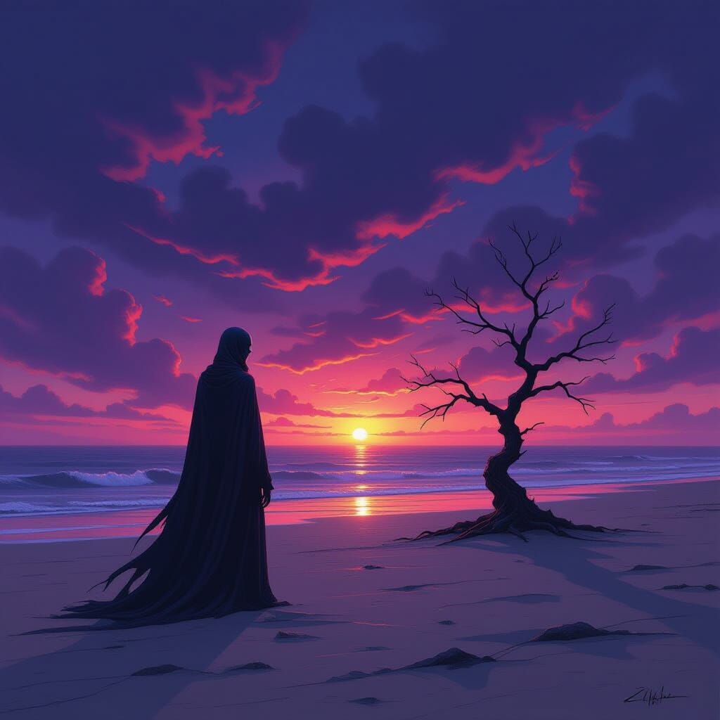 Skeletal Figure on Beach at Twilight, Dark Concept Art Style