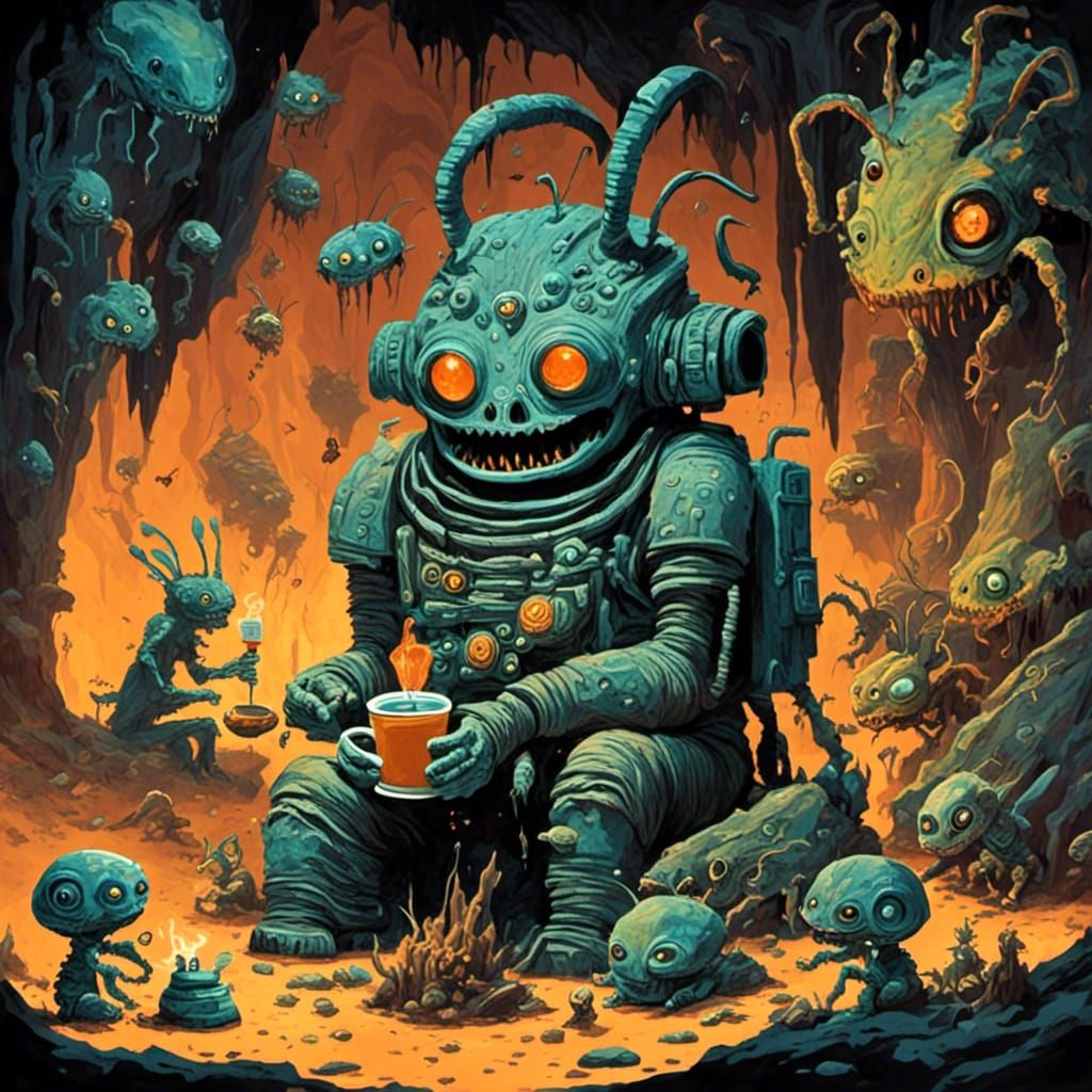 Astronaut's Tea Party with Bug Aliens