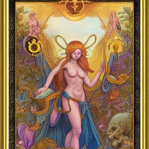Adam and Eve Tarot Card in Ornate Frame