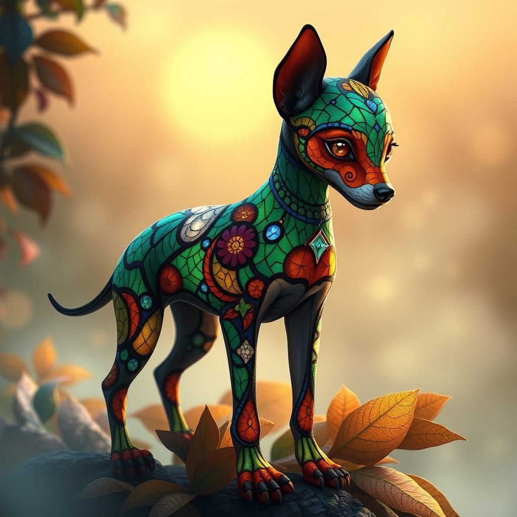 Dreamlike Puppy in Vibrant Stained Glass Patterns