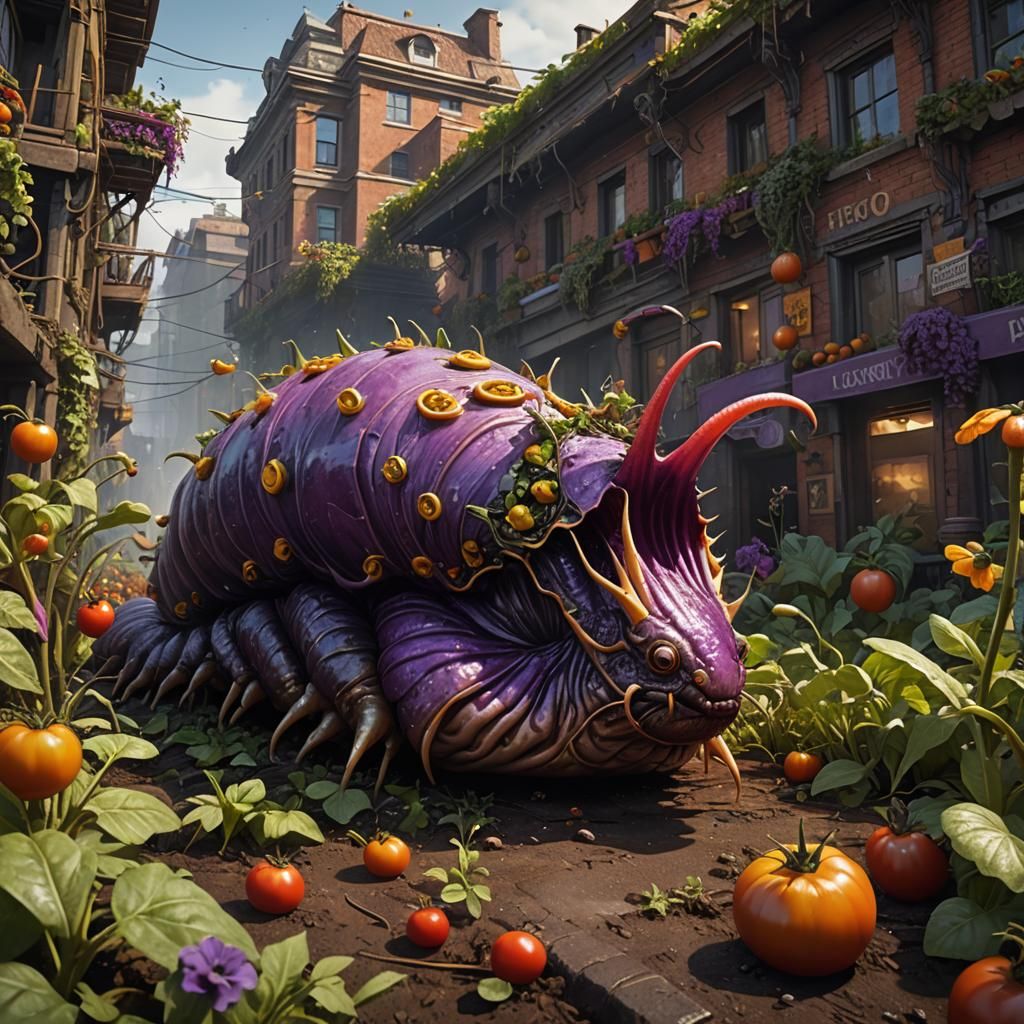 Monstrous Slug Defends Tomato Garden in Dark Fantasy Art