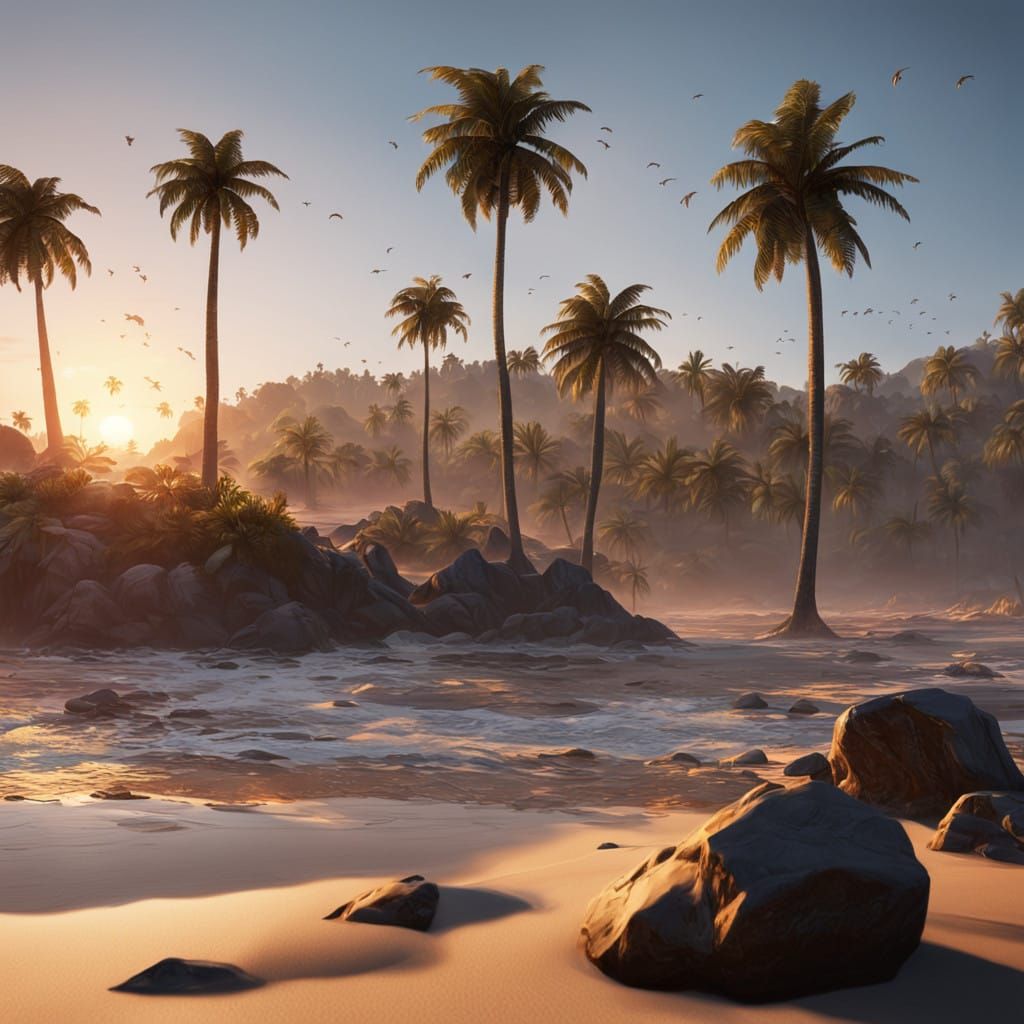 Golden Beach Sunset with Palm Trees