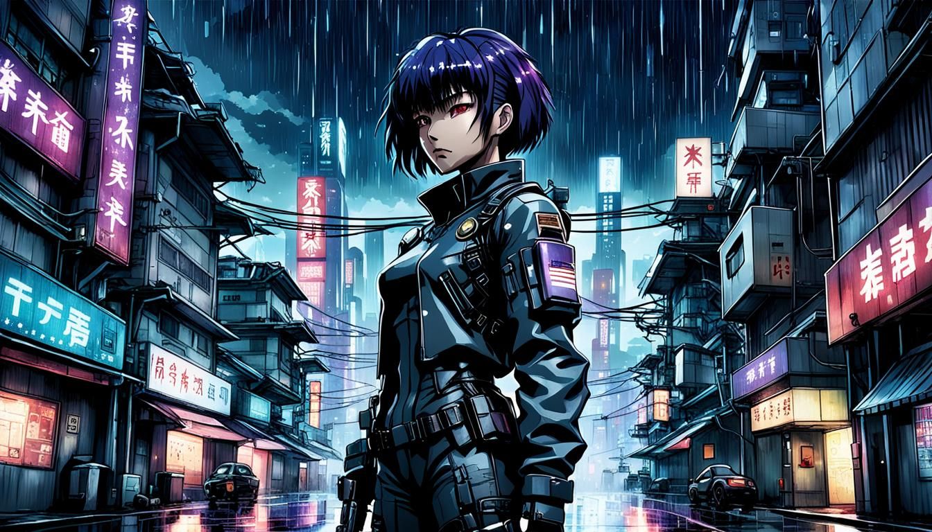 Kusanagi Motoko in Cyberpunk Cityscape