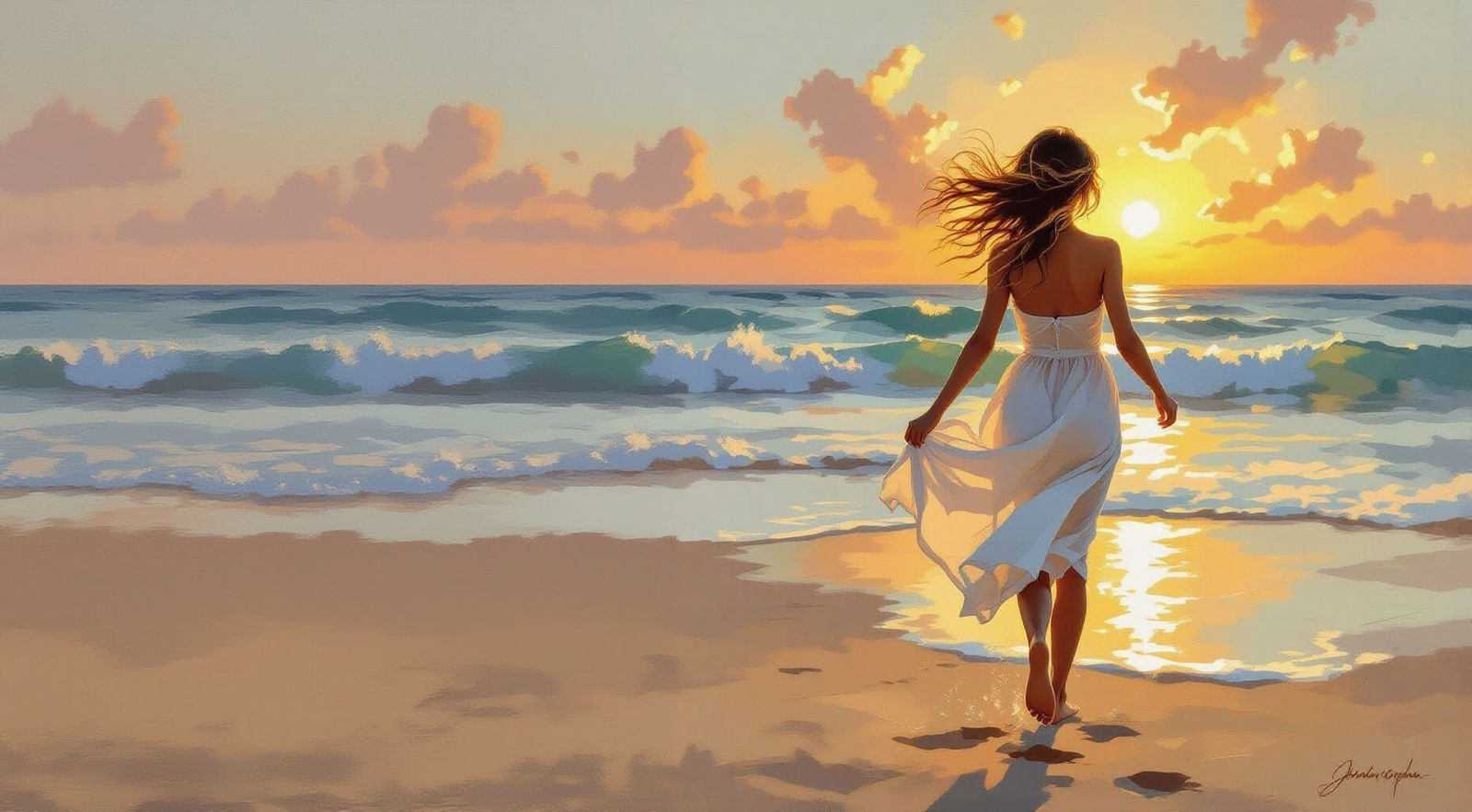 Young Woman Running Barefoot on Beach