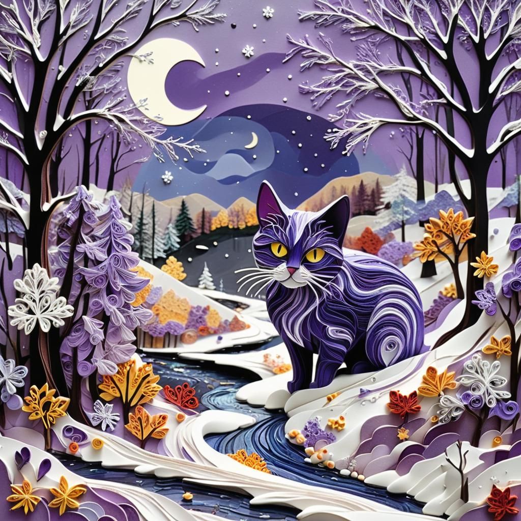 Photorealistic Quilling Collage of a Purple Cat in a Winter...