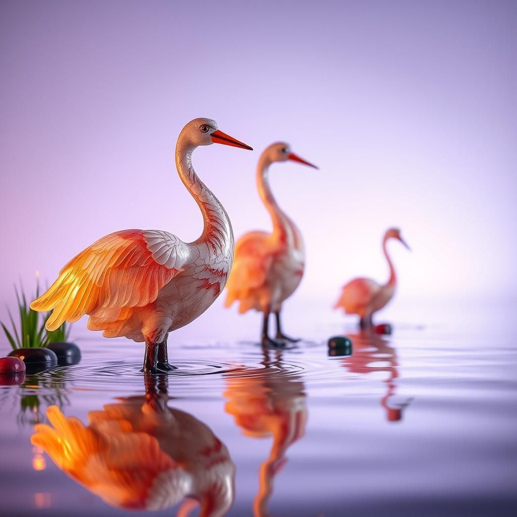 Enameled Glass Herons: Fractal Elegance on Display