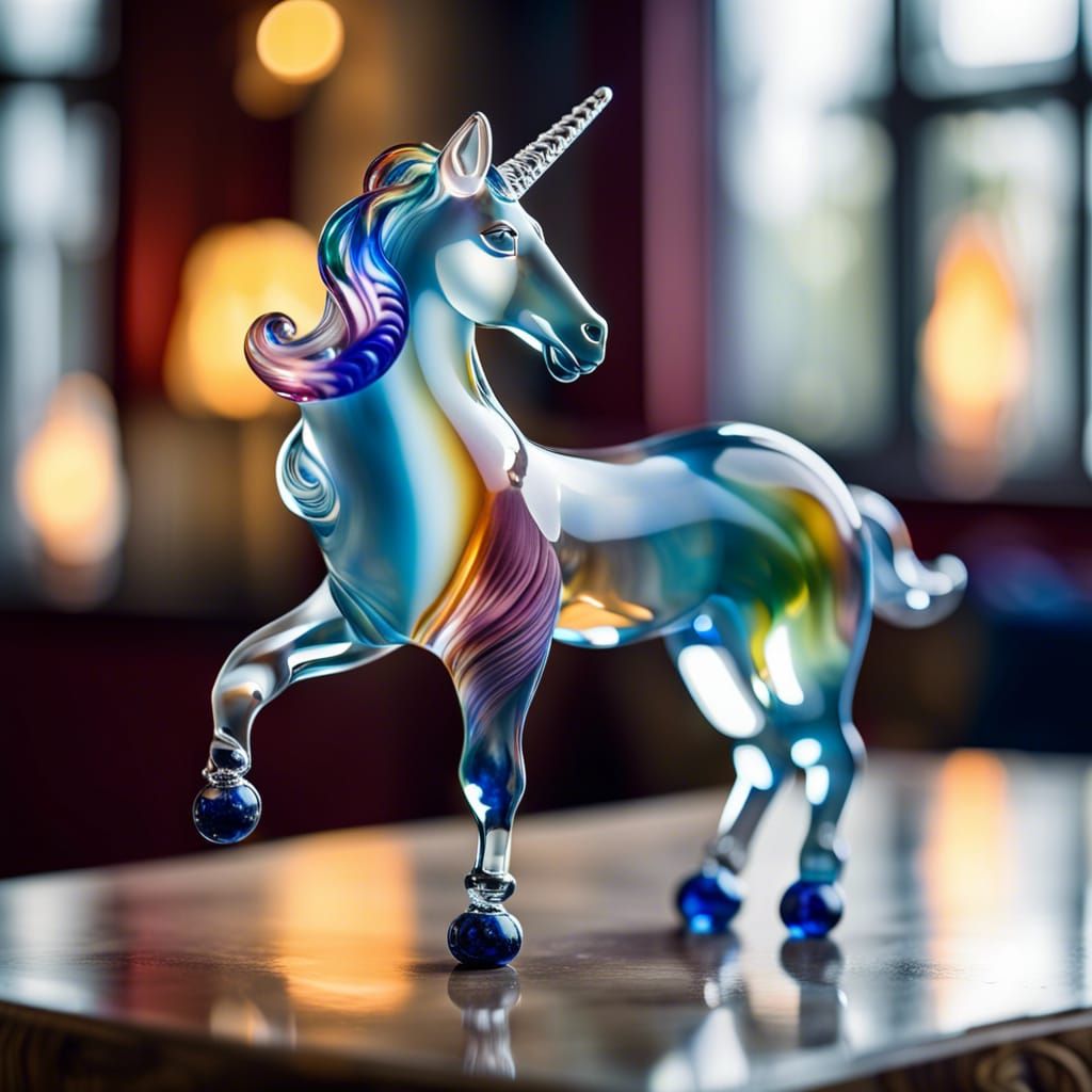 On this shiny, wooden table an exquisite blown glass unicorn figurine is on display for all to see but not to touch.