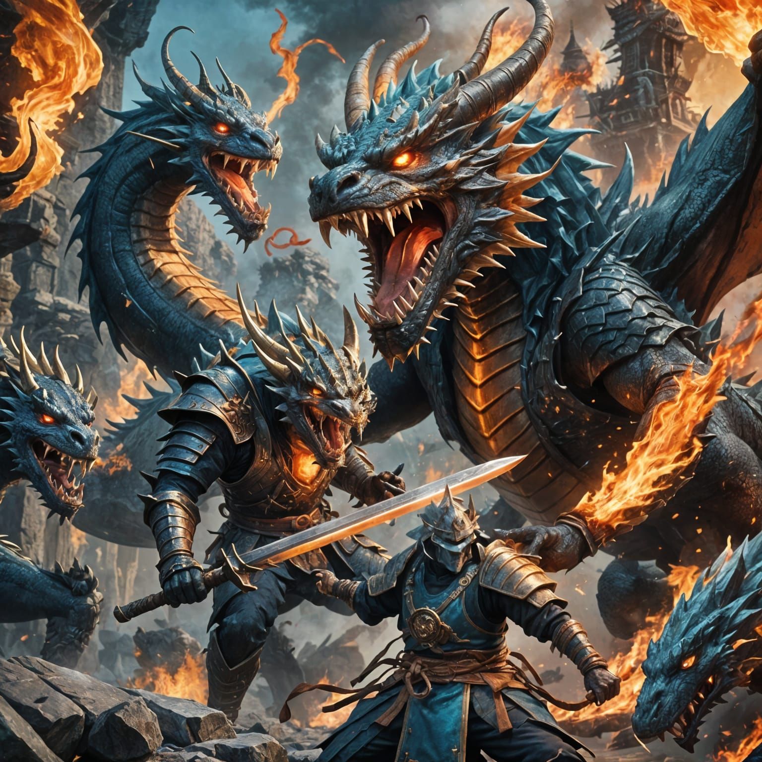 Dragon Samurai with Flaming Sword: Fantasy Art
