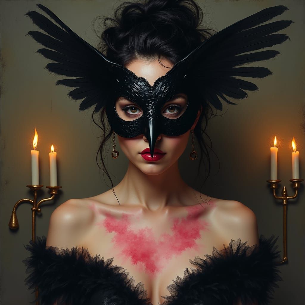 Enigmatic Woman with Crow Mask in Dark Elegant Style