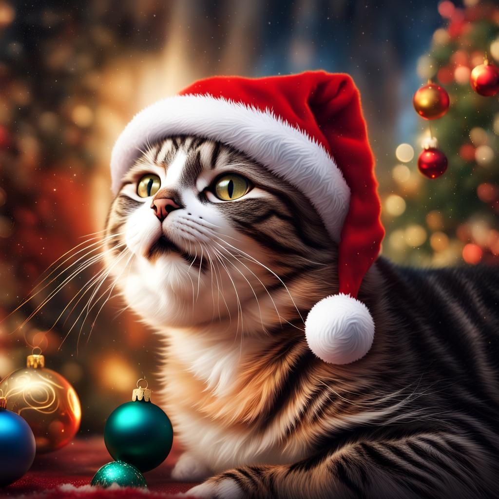 Hyperrealistic Cat in Santa Hat with Ornament