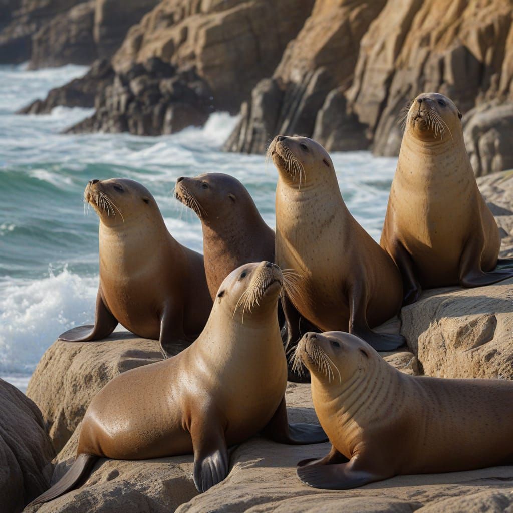 Sea Lions Resting on Rocky Shore with Crashing Waves