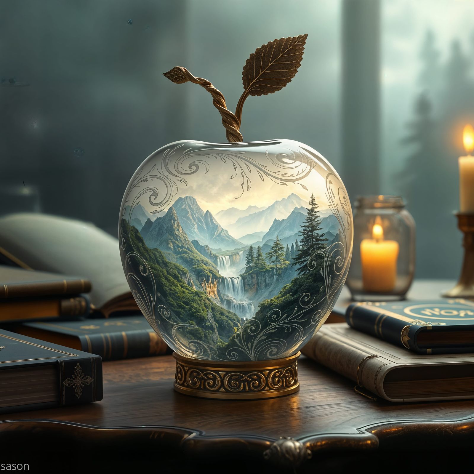 Glass Apple Containing Mystical Landscape