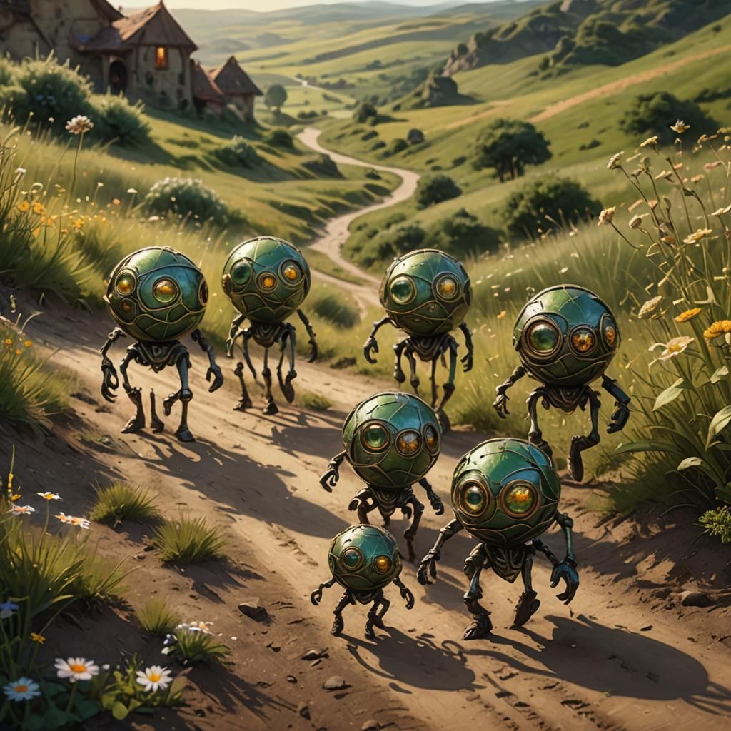 Fantasy Metal Creatures in Medieval Landscape