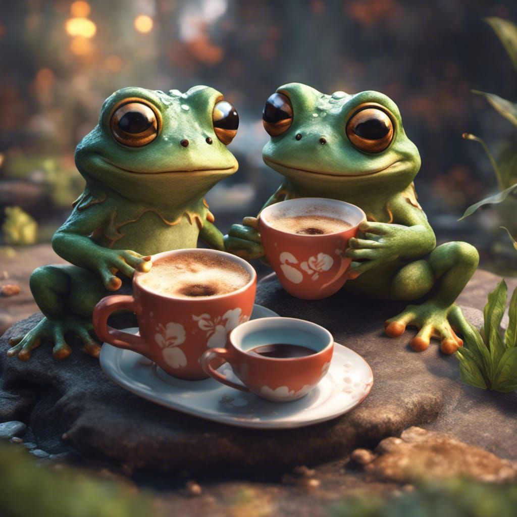 Cute Frogs Having Coffee: Fantasy Concept Art