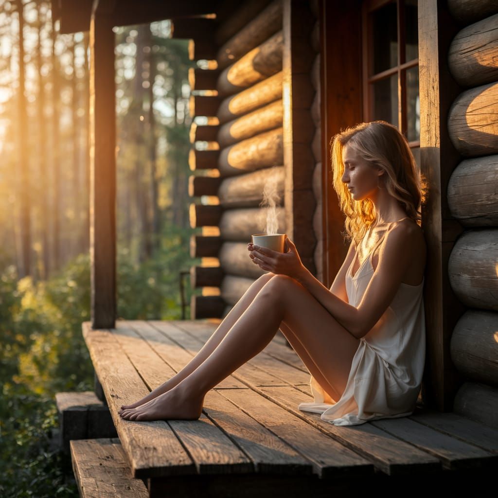 Serene Morning on a Rustic Log Cabin Porch