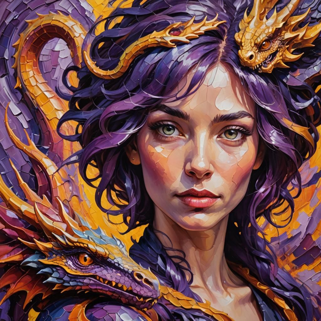 Woman Introduces Dragon as Expressionist Oil Painting