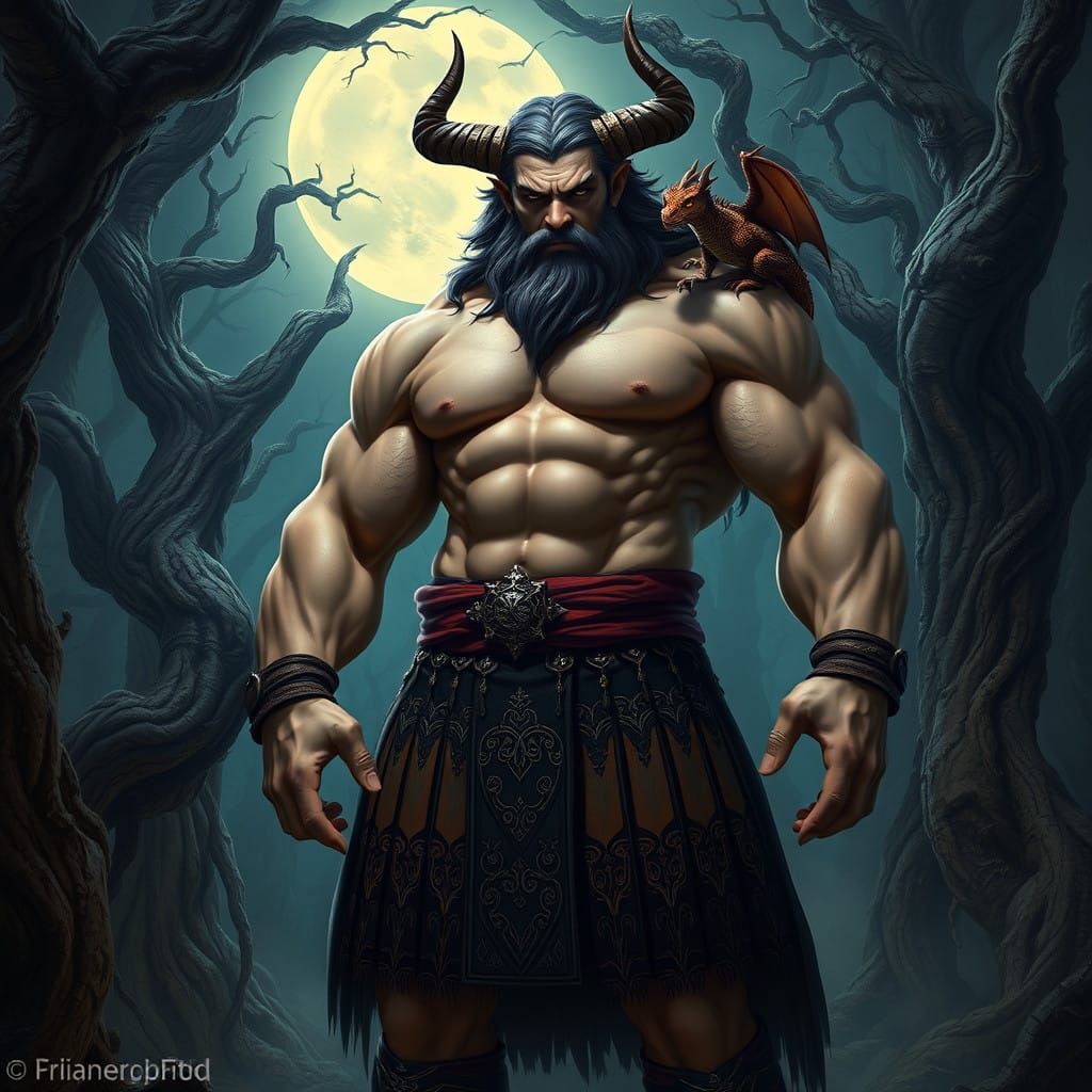 Towering Scotsman with Horns and Dragon in Moonlit Celtic Fo...