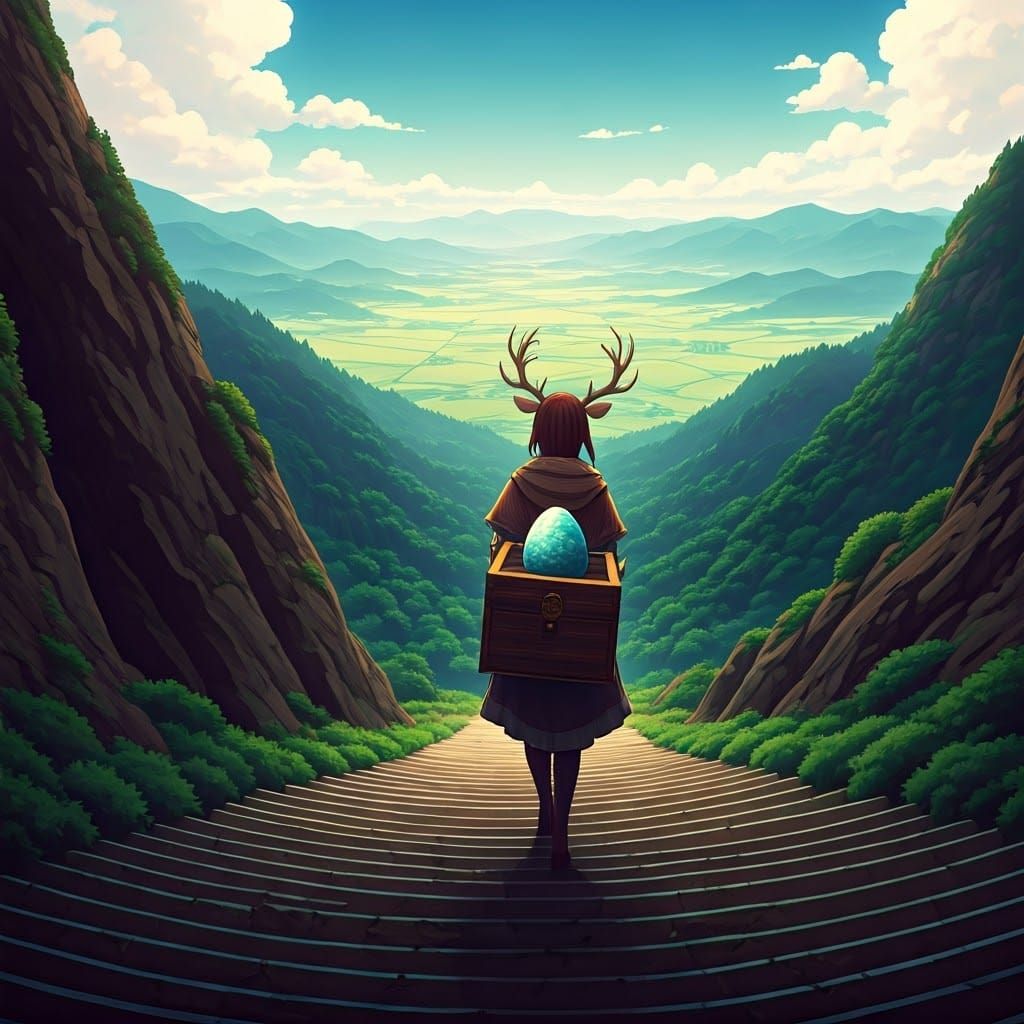 Majestic Woman Ascends Misty Mountain with Dragon Egg