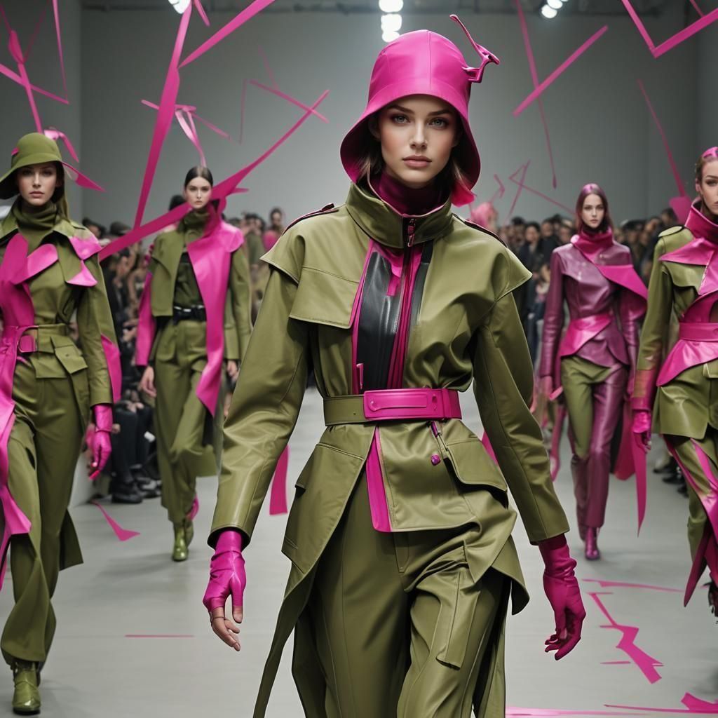 Avant-Garde Surrealist Pop Fashion in Olive and Fuchsia
