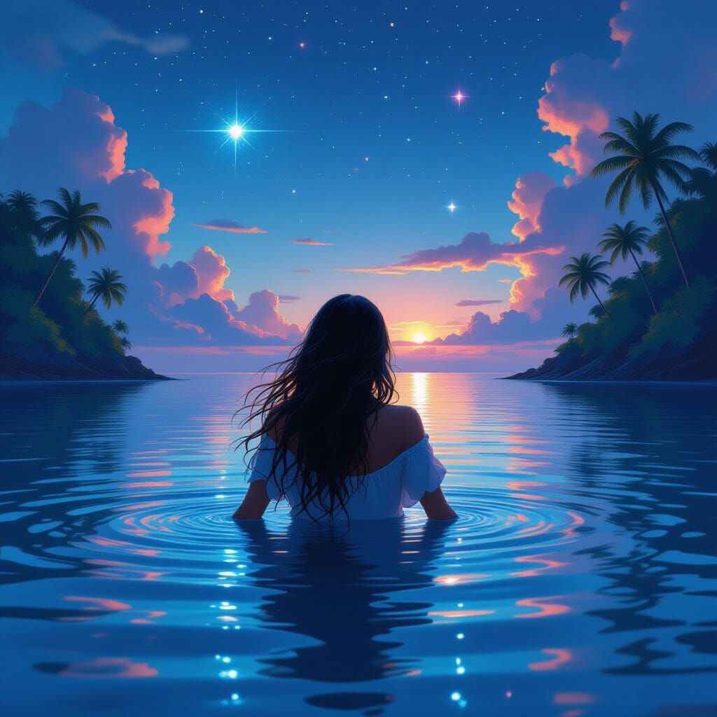 Woman Adrift on Island Sea with Celestial Glow