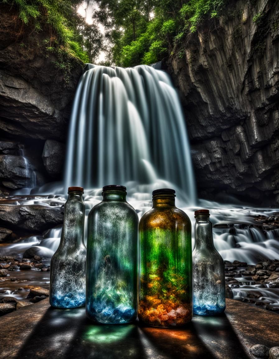 Waterfalls Inside Bottles: Hyperrealistic Digital Art