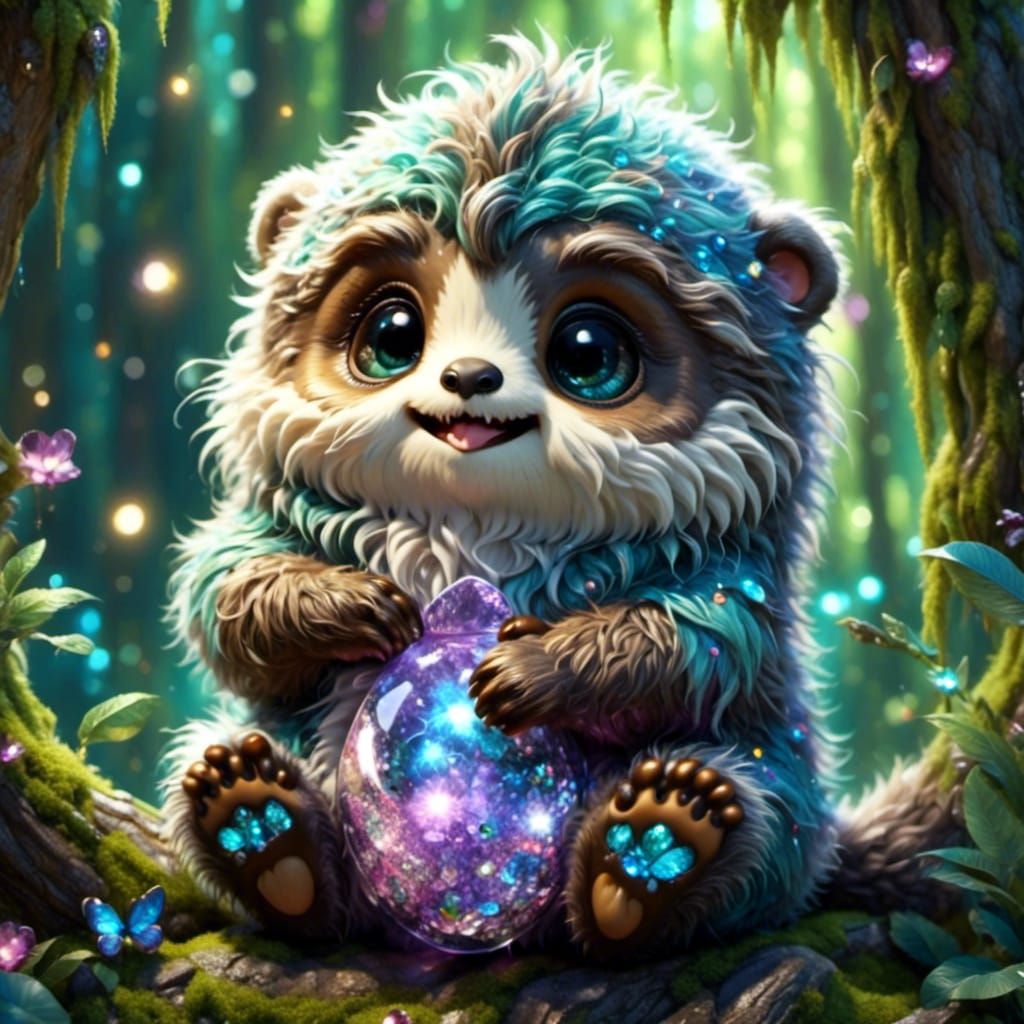 Chibi Otter-Sloth with Glitter Wings in Magical Forest