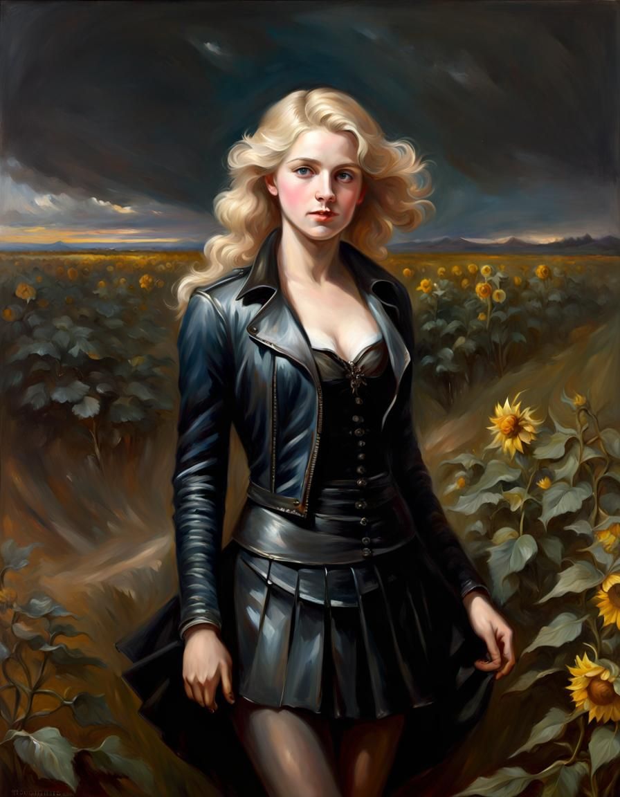 Blonde Girl in Sunflower Field, Oil Painting