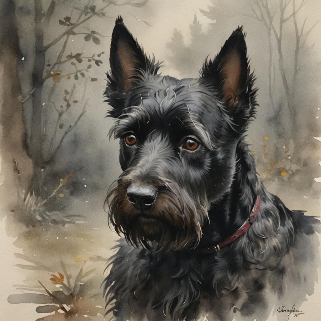 Dreamy Watercolor Portrait of a Scottish Terrier