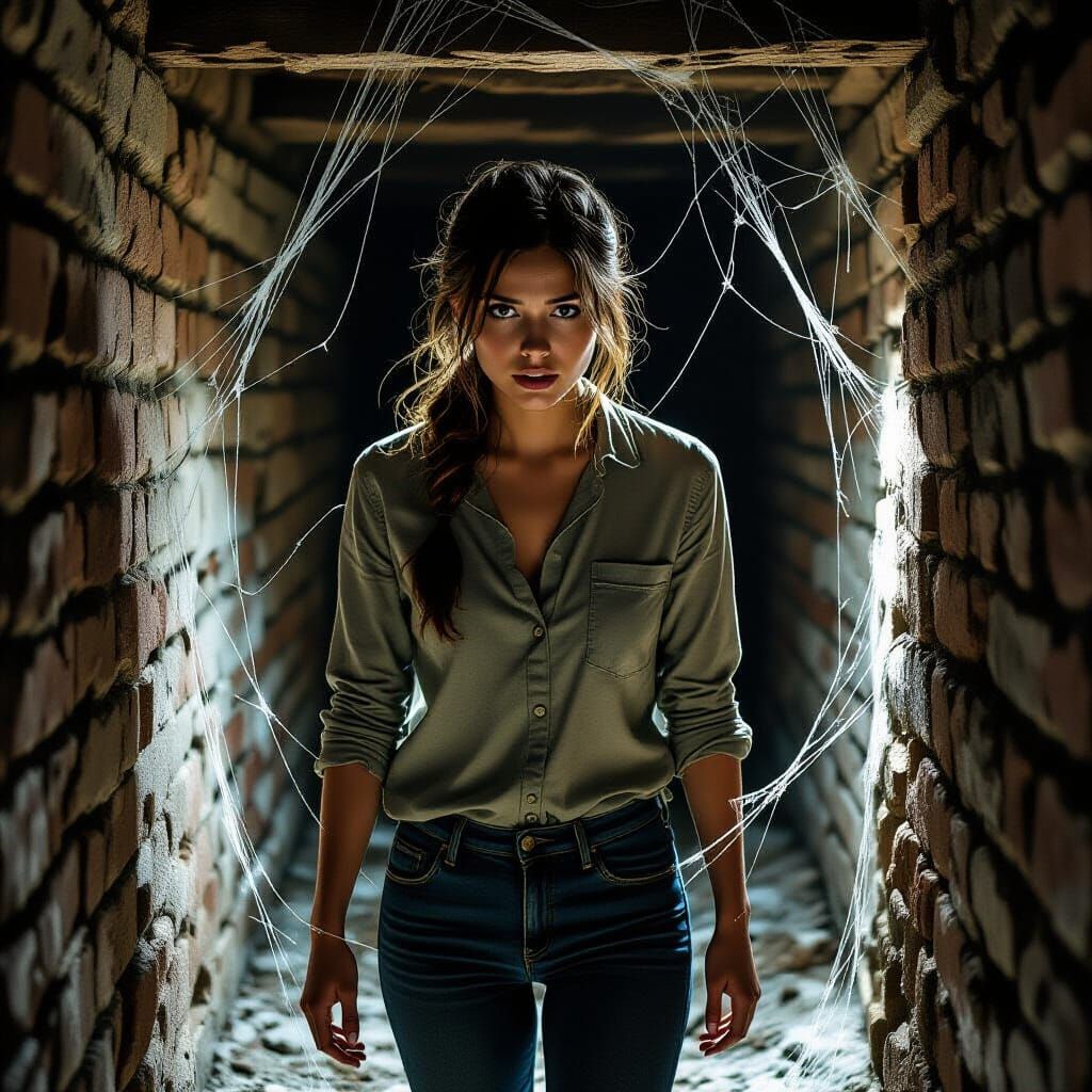 Nervous Woman Brushing Cobwebs in Dim Cellar