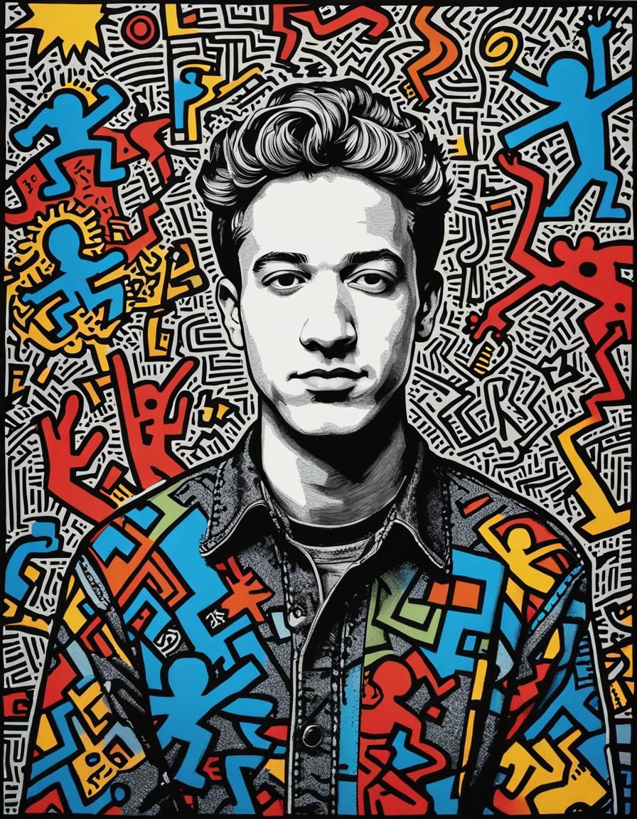 Colorful Portrait in Haring Style with Bold Outlines