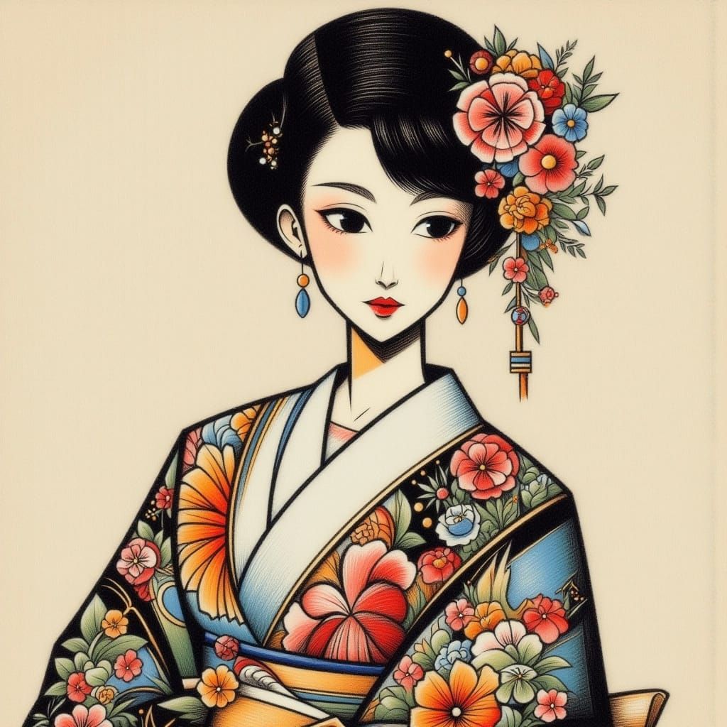 Minimalist Japanese Woman in Yukata with Embroidery