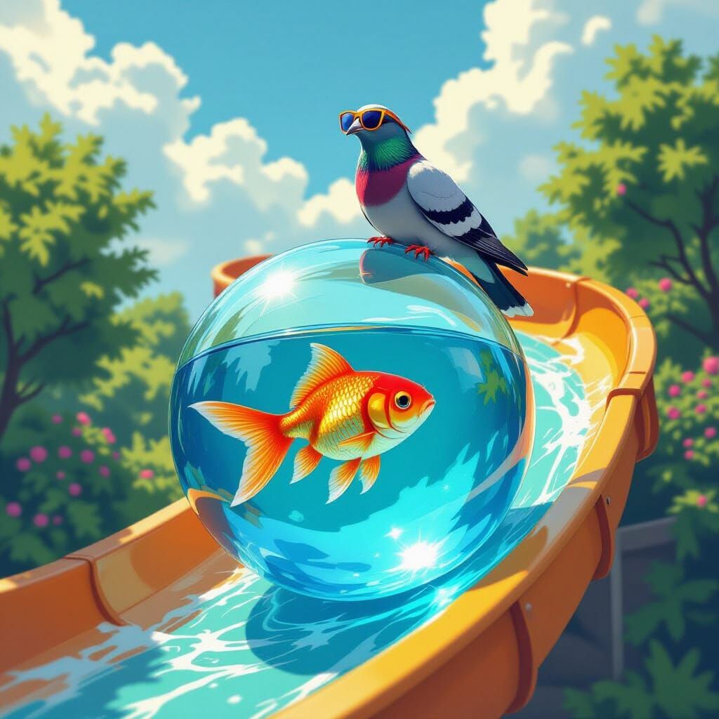 Whimsical Goldfish & Pigeon on Waterslide