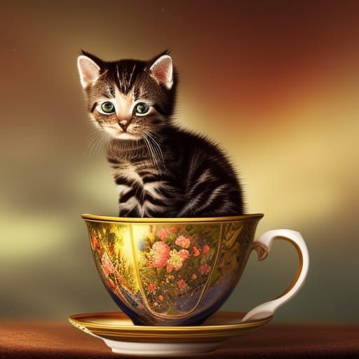 Kitten in Teacup: Detailed Matte Painting