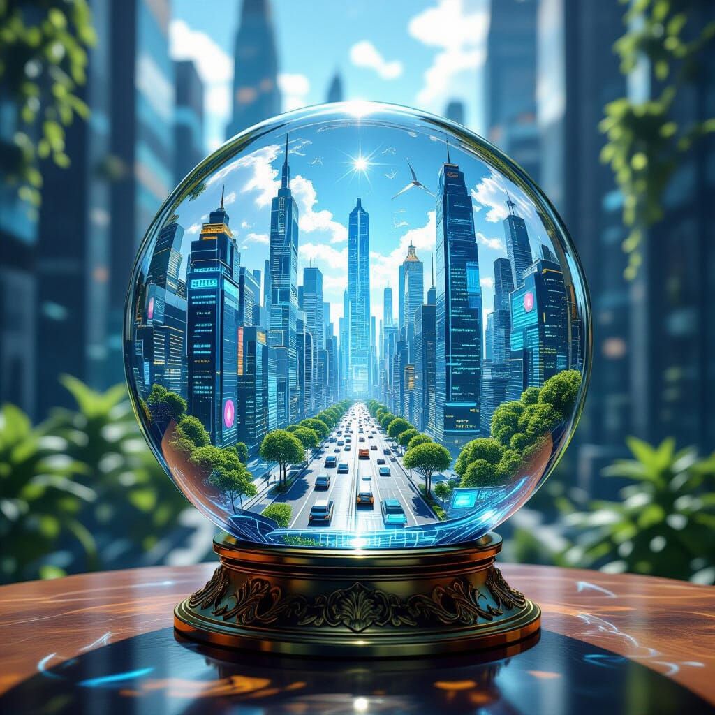 Futuristic City in Glass Orb, Photorealistic Rendering