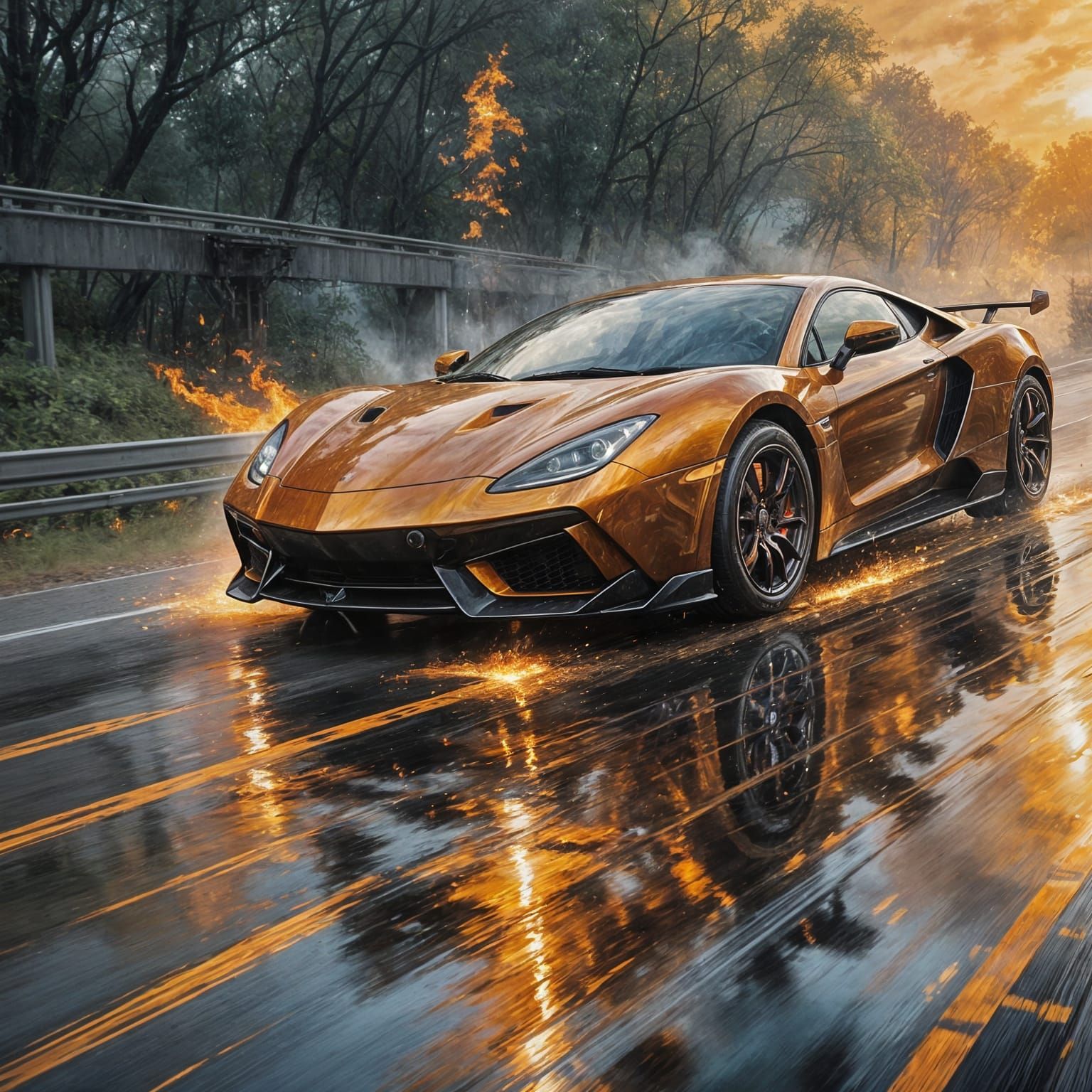 Supercar on Firey Highway in Ethereal Fantasy Style